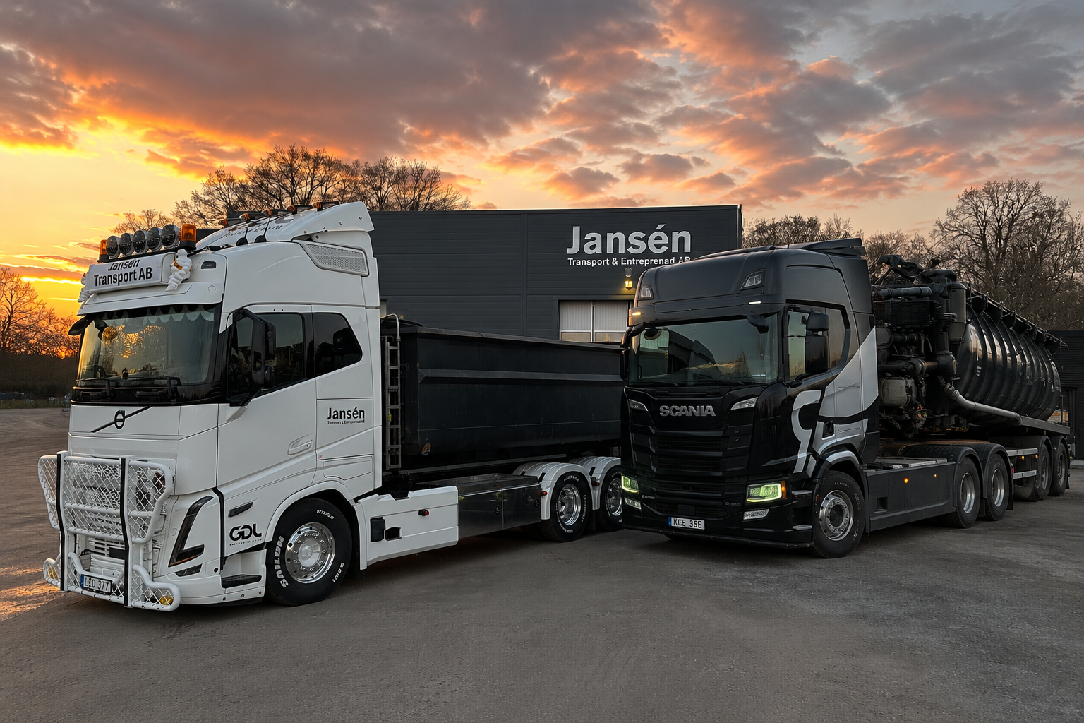 Jansén Transport & Entreprenad – Volvo och Scania framför företagets lokaler i skymning